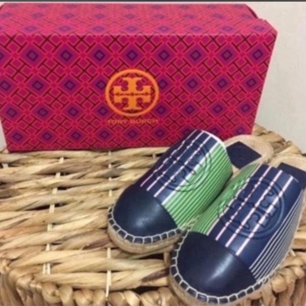 🆕 Striped Navy Espadrille Mule with Pink & Green Accents! 💥 - Picture 2 of 7
